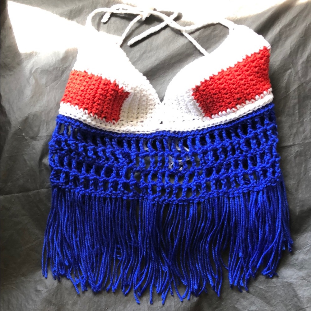 Red, White, and Blue Crochet Halter Top with Fringe - Picture 4 of 15